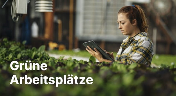 Grüne Arbeitsplätze für eine nachhaltigere Zukunft - Mitarbeitende im Landwirtschaftsbereich mit Tablet